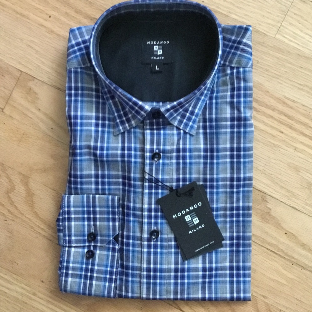 Men's Blue Plaid Dress Shirt - L